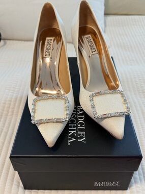 Badgley Mischka Ivory Crystal Buckle Pointed Toe Pumps